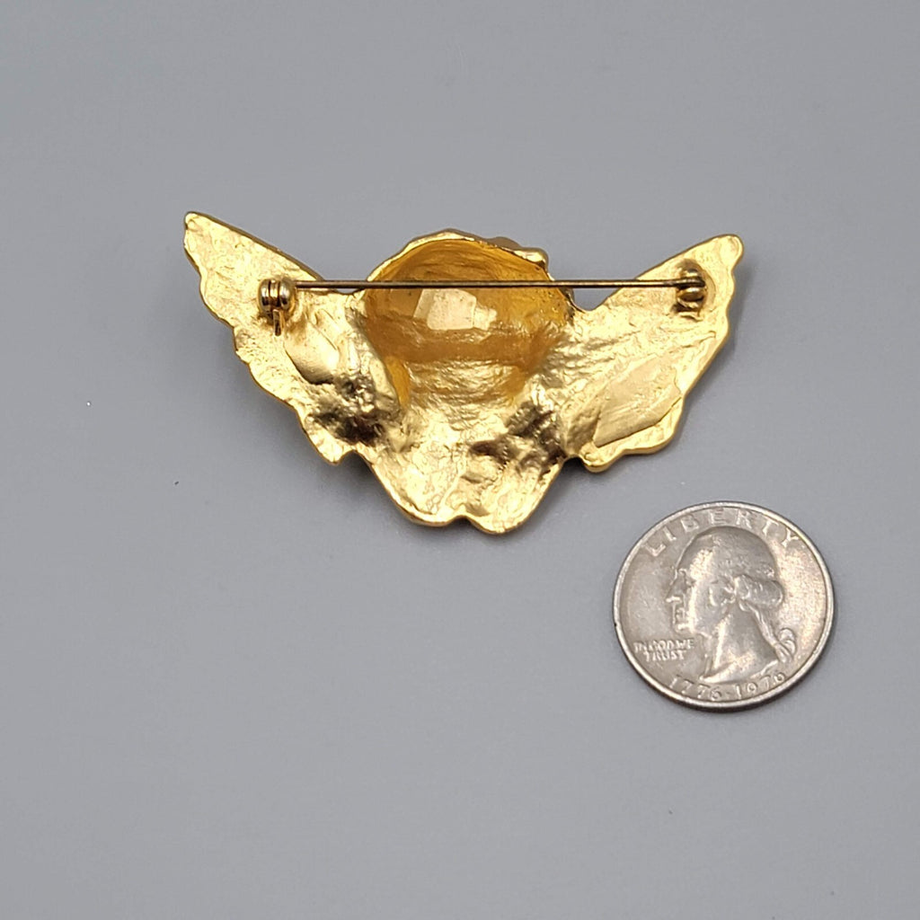 Vintage Cupid Angel Brooch Gold Plated 2.5" Wide Pin Estate Christmas