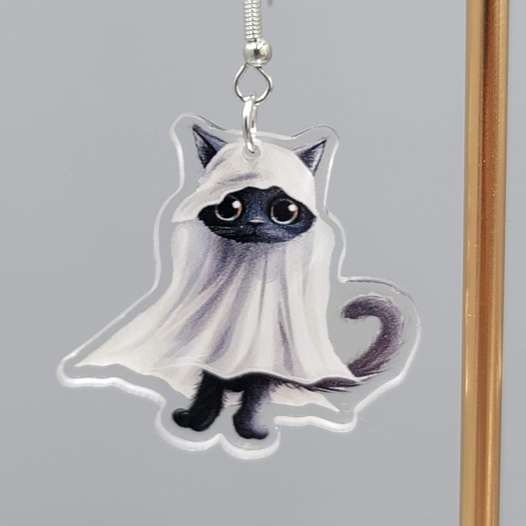 Halloween Black Kitty Cat Ghost Pierced Earrings Silver tone Dangle 1.5 in