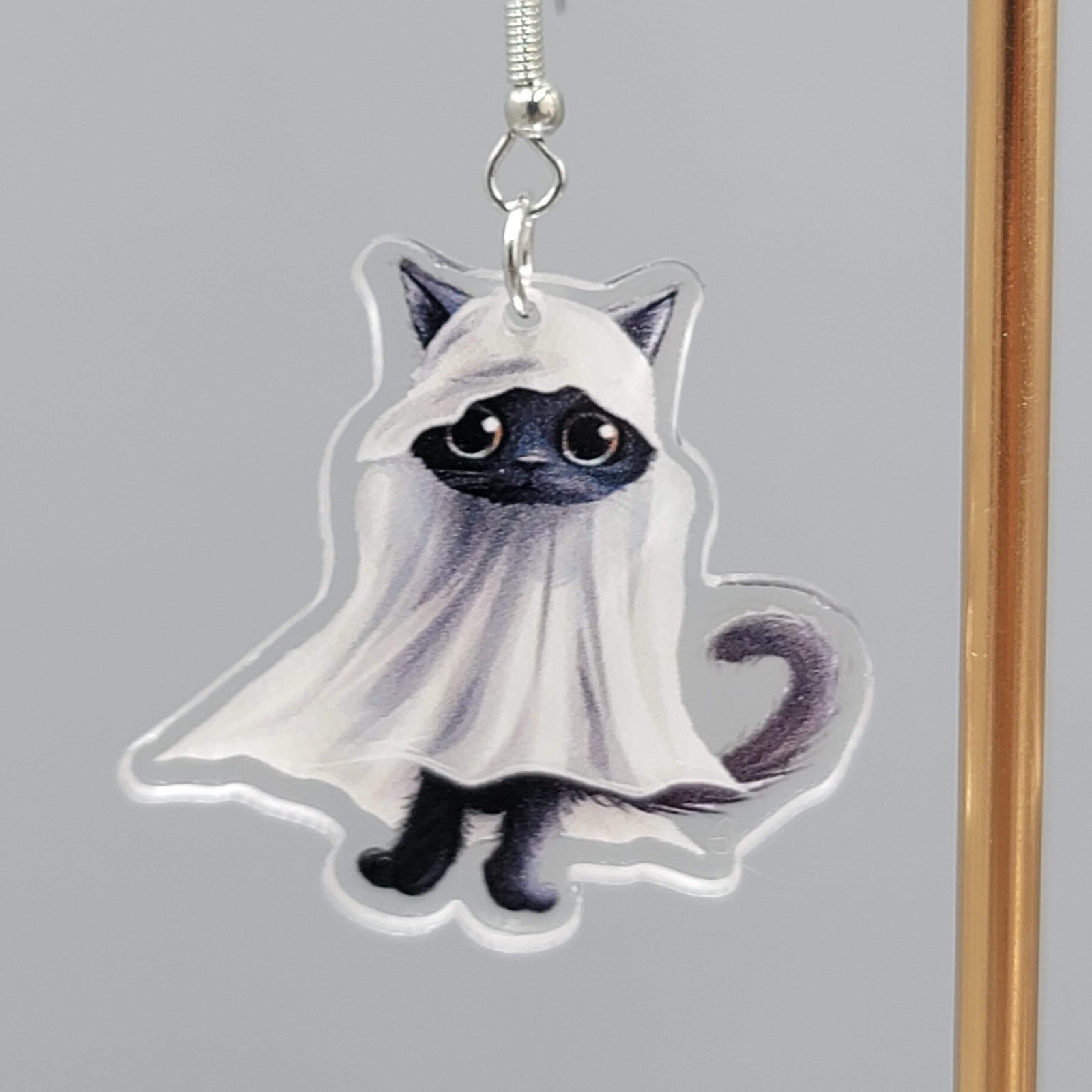 Halloween Black Kitty Cat Ghost Pierced Earrings Silver tone Dangle 1.5 in