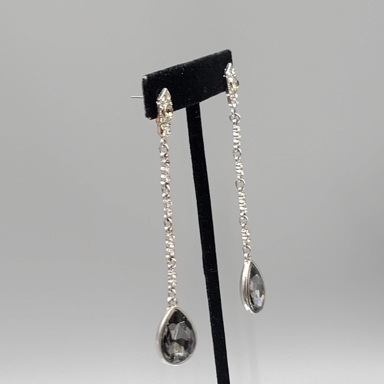 Long Pierced Earrings Smokey Teardrop Rhinestone Silver tone Dangle  3.5 in