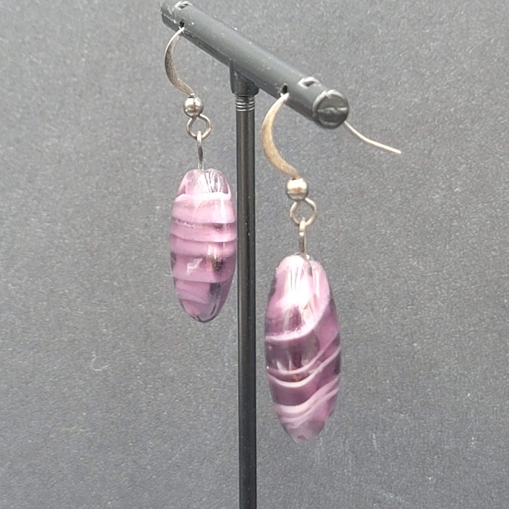 Pierced Earrings Purple Art Glass Bead Dangle 1"