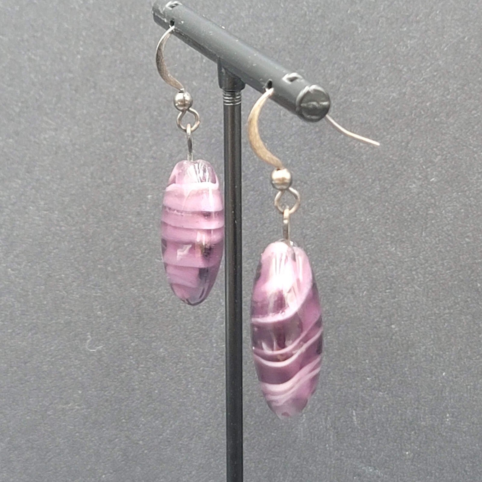 Pierced Earrings Purple Art Glass Bead Dangle 1"