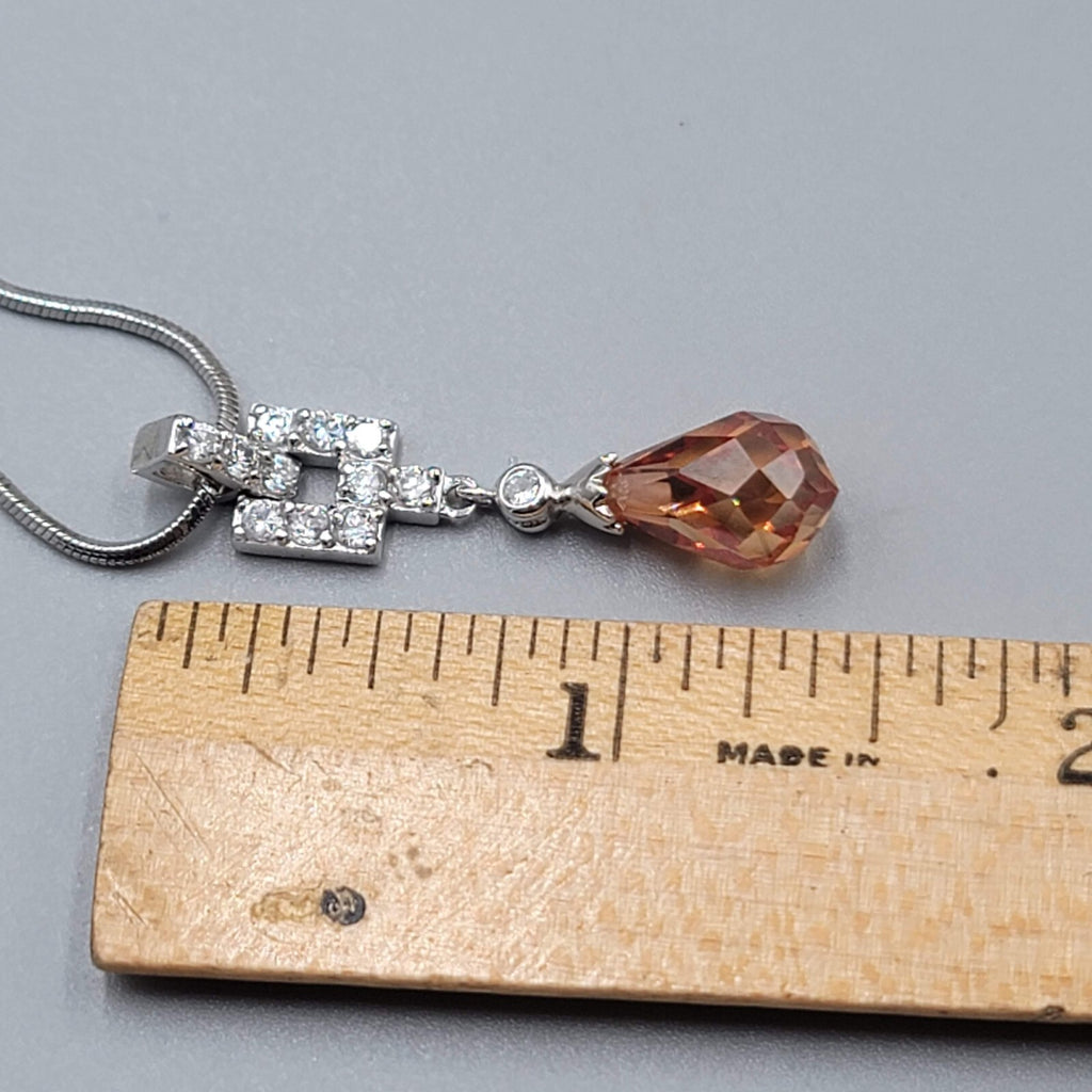 Orange Crystal Teardrop Pendant Necklace Silver tone Snake Chain 15"