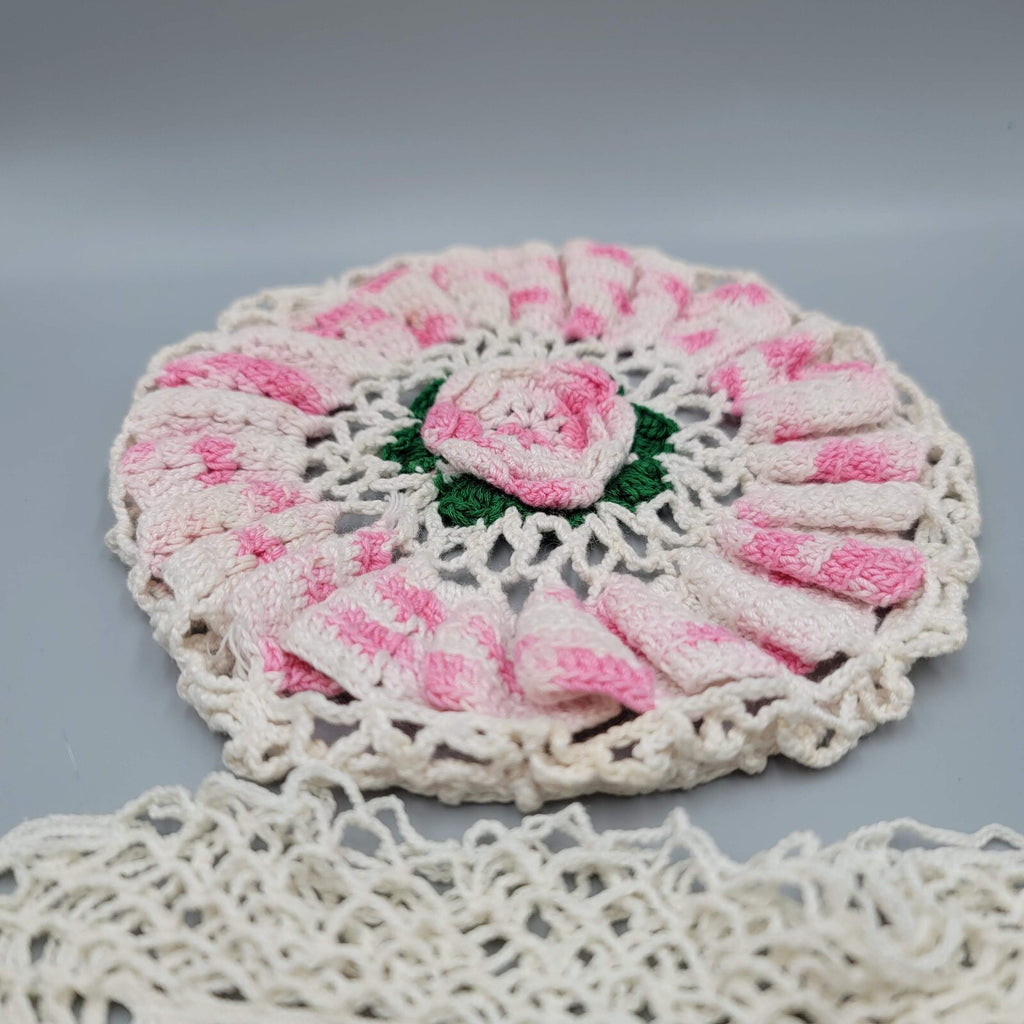 2 Vintage Crocheted Doilies Pink White Green Flowers