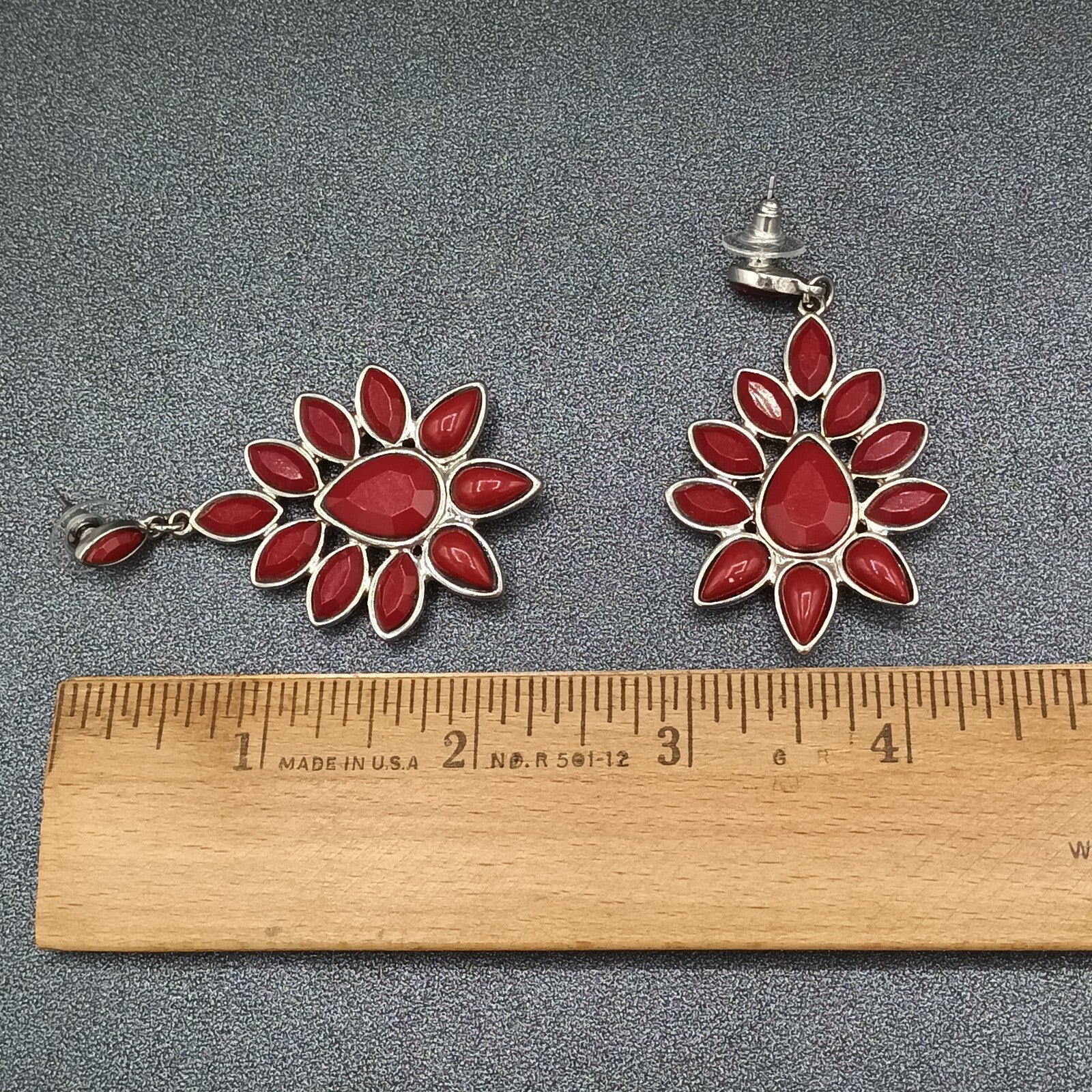 Pierced Earrings Silver tone Red Accent Chandelier Dangle 2.25"