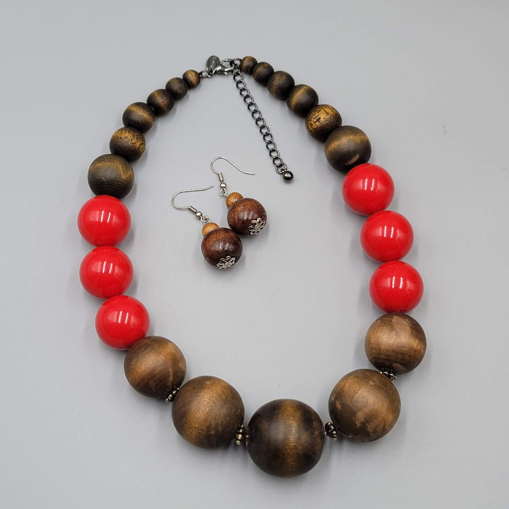 Wood Necklace Pierced Earrings Jewelry Set Large Bead Statement 18"-20"