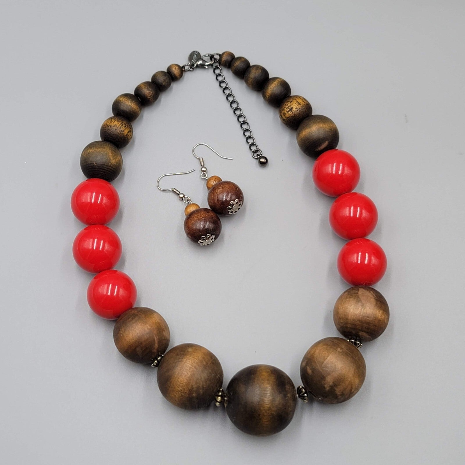 Wood Necklace Pierced Earrings Jewelry Set Large Bead Statement 18"-20"