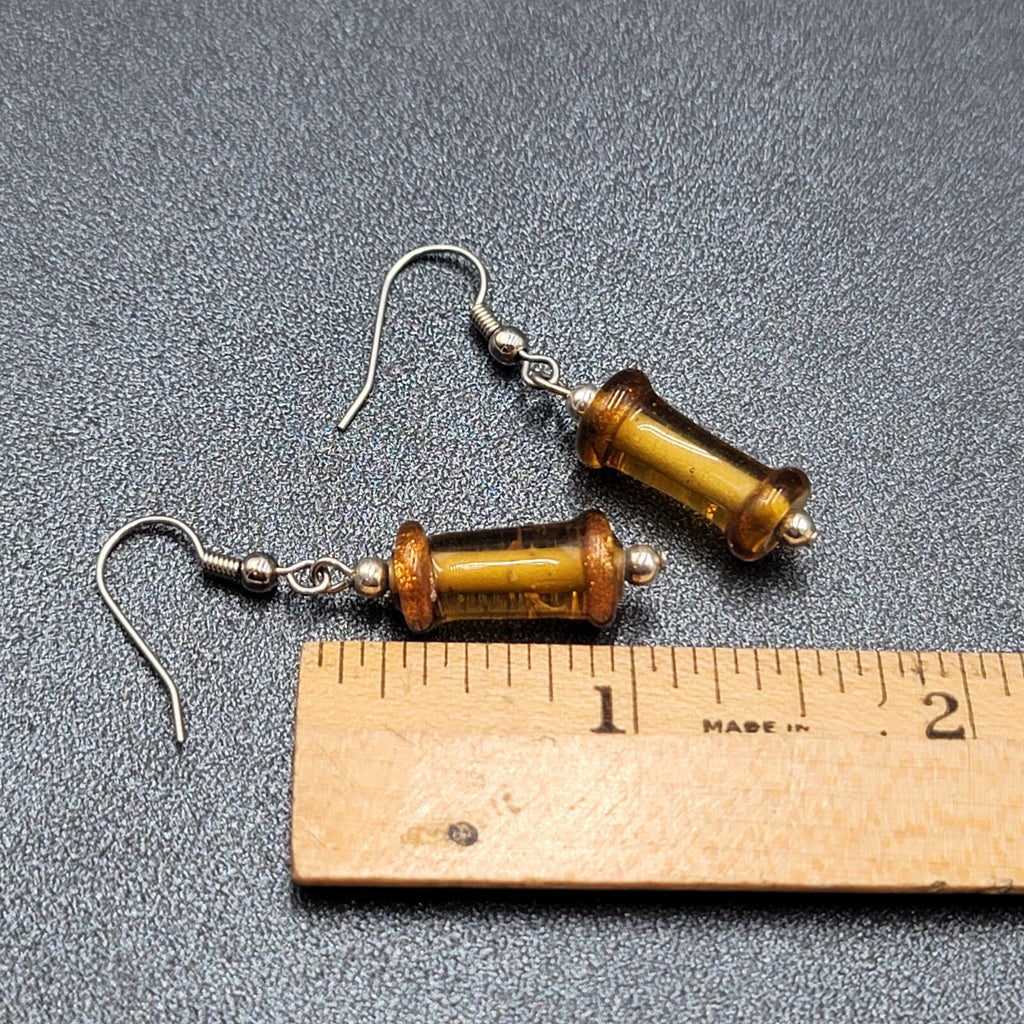 Pierced Earrings Silver tone Orange Art Glass Bead Dangle 1"