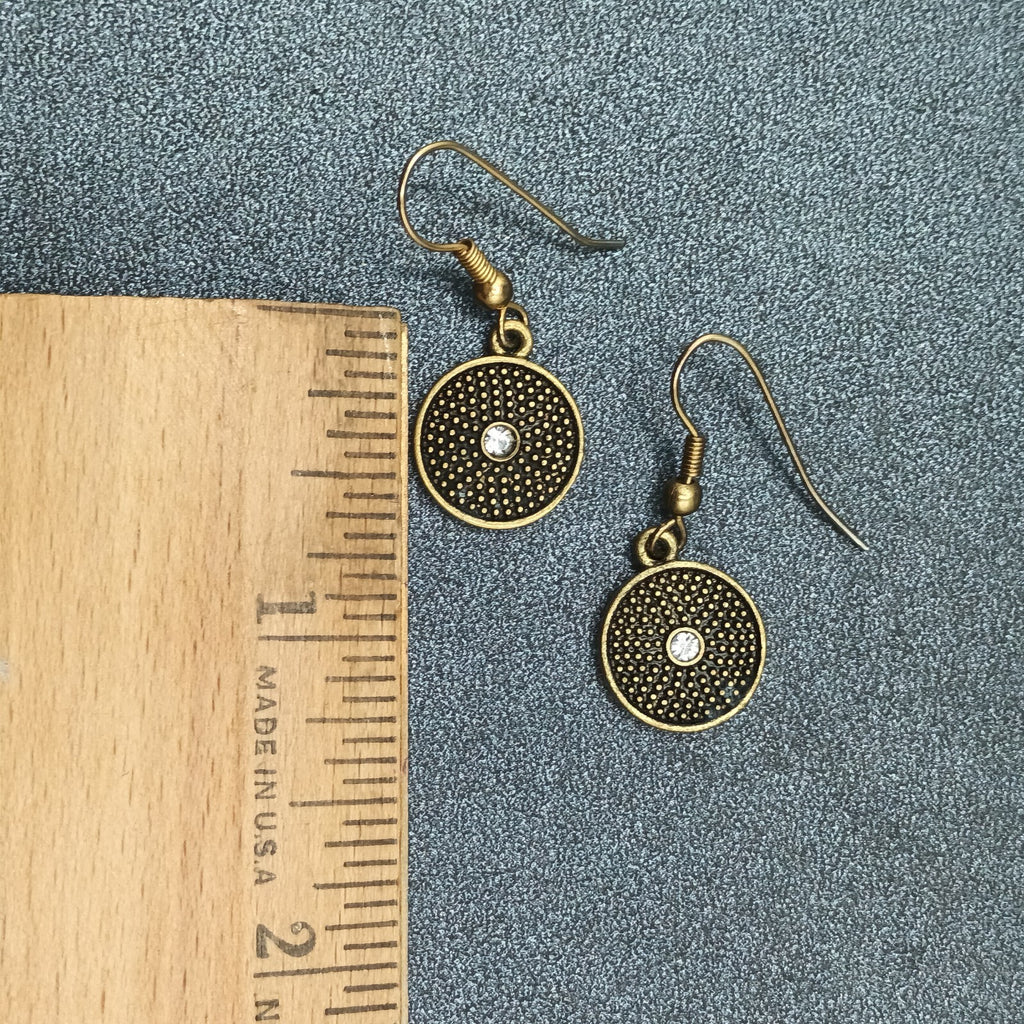 Pierced Earrings Textured Bronze tone Crystal Rhinestone Round Dangle Small 1/2"