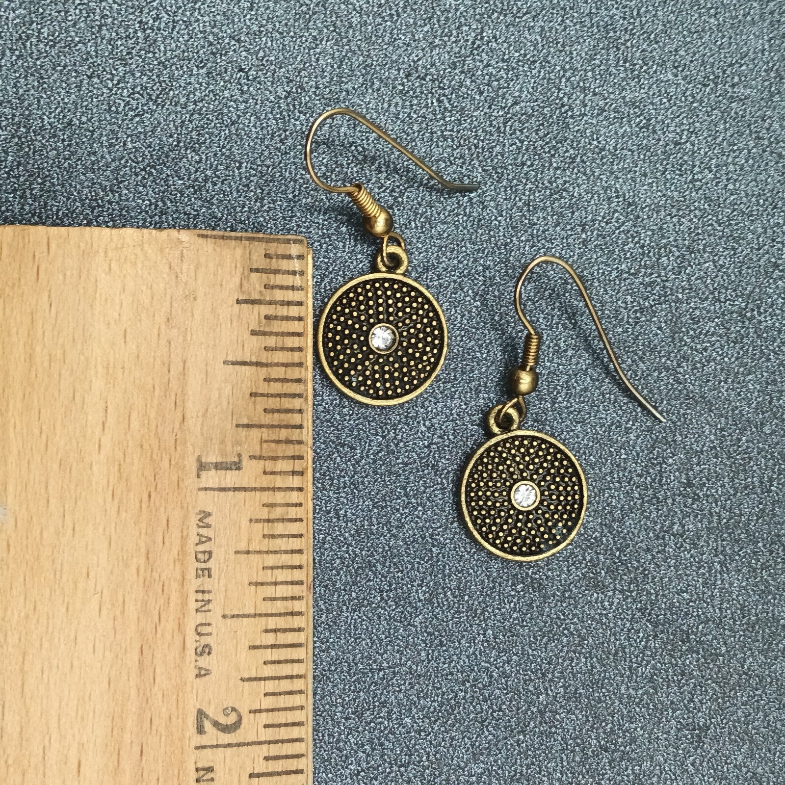 Pierced Earrings Textured Bronze tone Crystal Rhinestone Round Dangle Small 1/2"