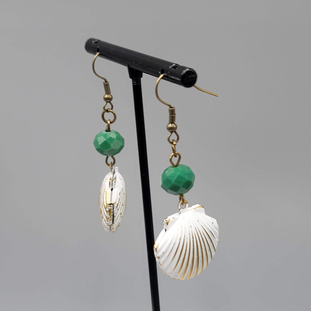 Pierced Earrings Bronze tone Green Bead Metal White Seashell Dangle 1 5/8"