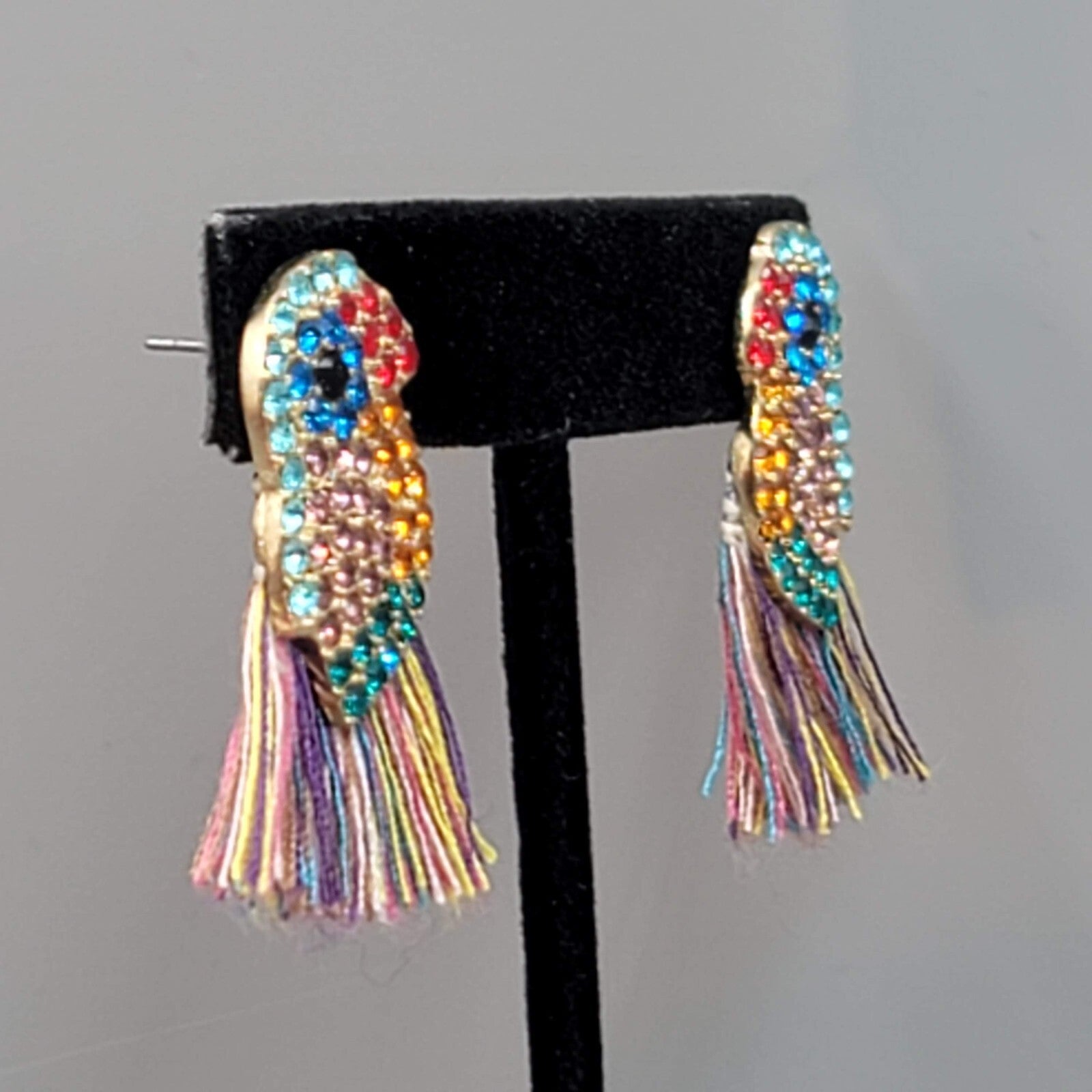 Crystal Bird Pierced Earrings Gold tone Multicolor Tassel 1.5"