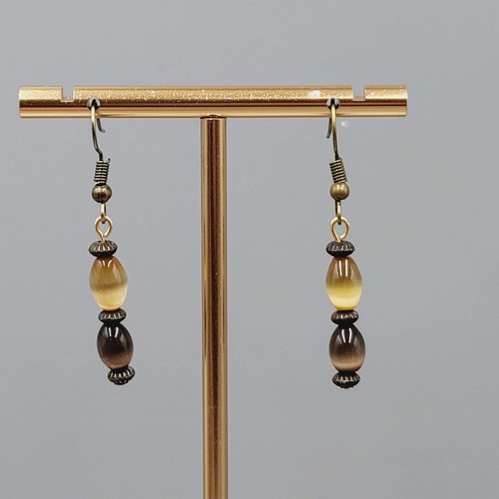 Cats Eye Brown Bead Pierced Earrings Bronze tone Dangle 1"