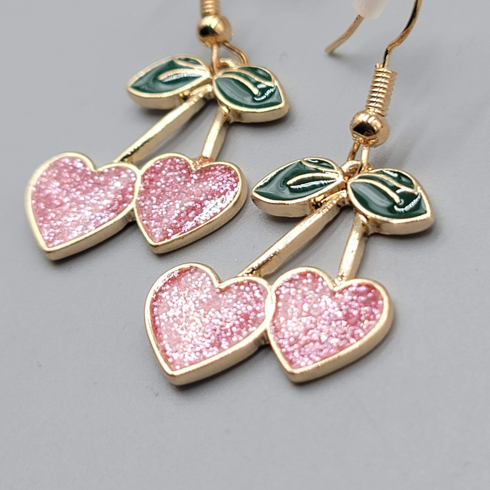 Heart Cherry Dangle Pierced Earrings Glitter Enamel Gold Tone Cute 1"