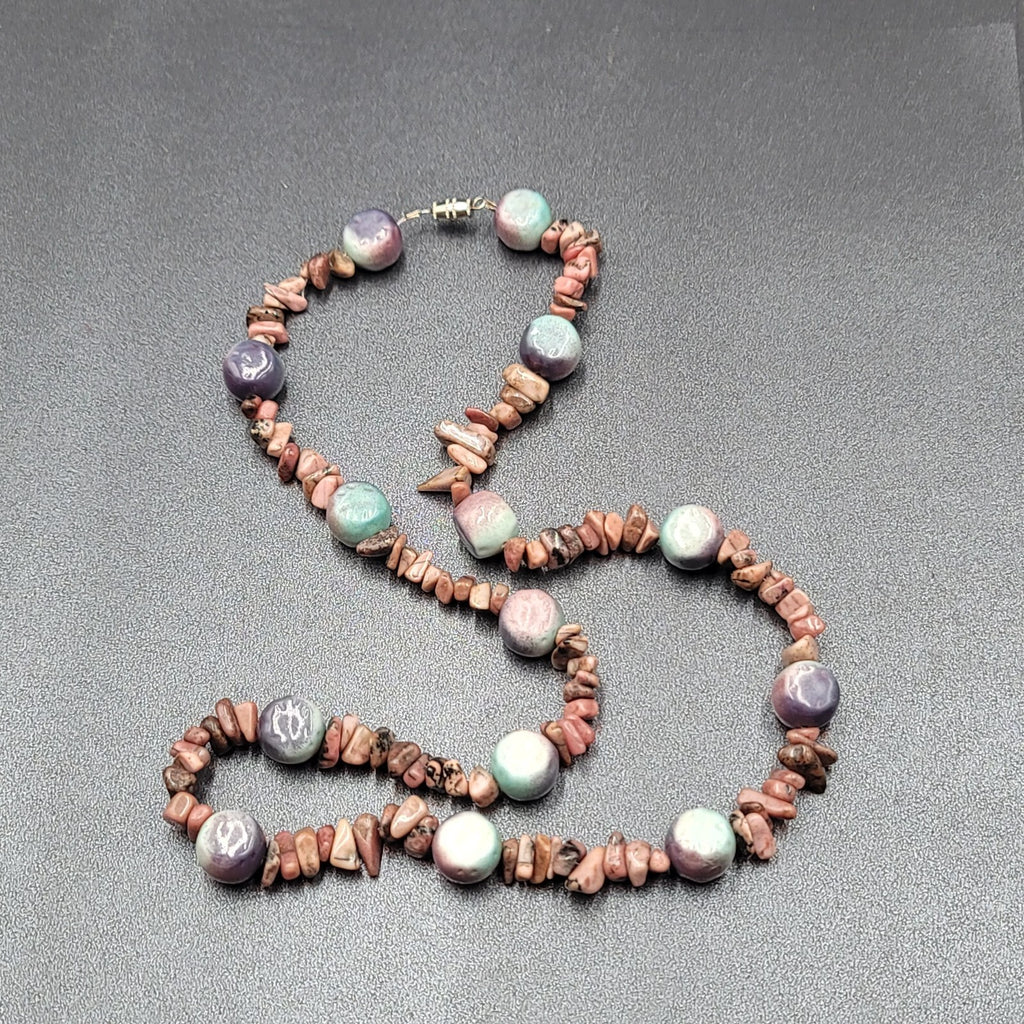 Pink Agate Stone and Pottery Art Bead Necklace 26" Barrel Clasp Artisan