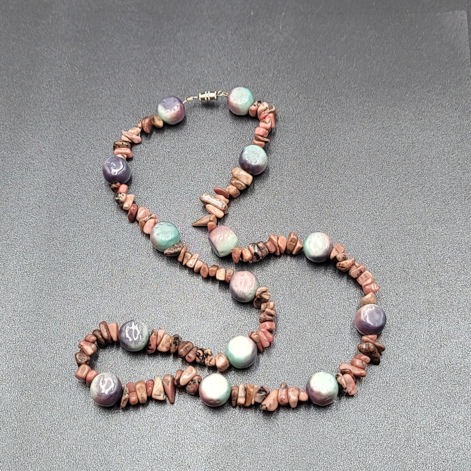 Pink Agate Stone and Pottery Art Bead Necklace 26" Barrel Clasp Artisan