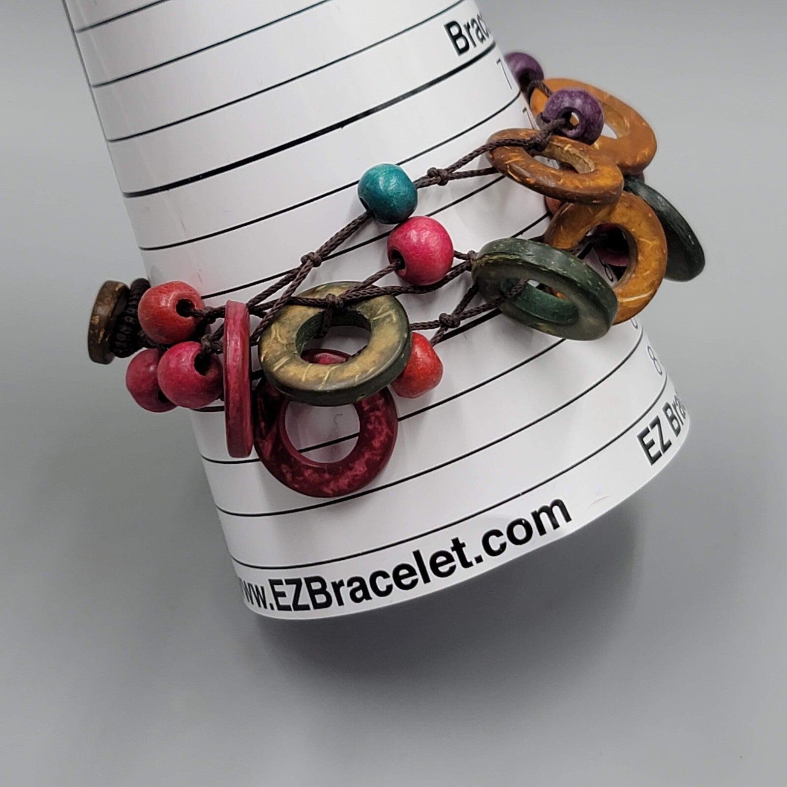 Multicolor Coconut Shell and Wood Bead Bracelet Button Closure 7.5"
