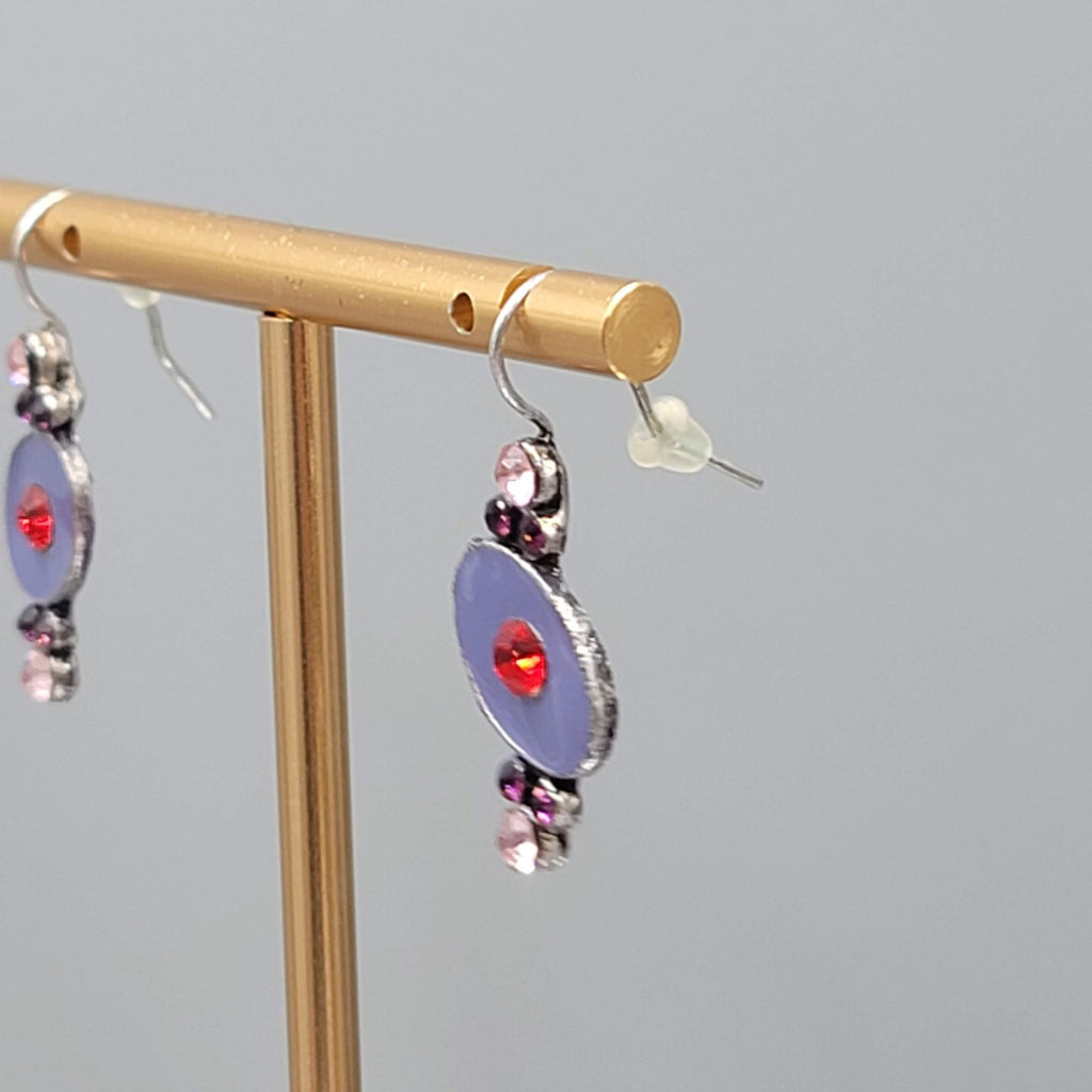 Purple Enamel Red Rhinestone Pierced Earrings Silver tone Drop 7/8"
