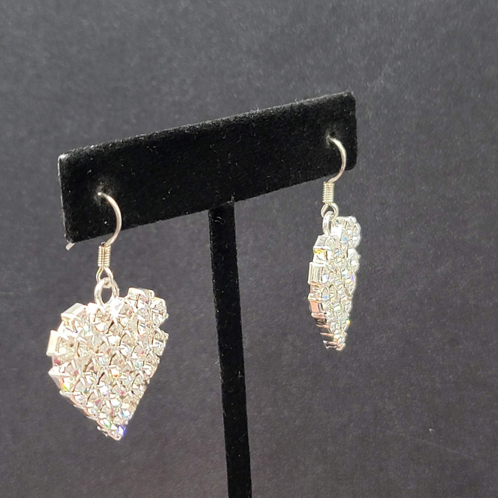 Vintage Pierced Earrings Silver tone Rhinestone Studded Dangle Heart 1"