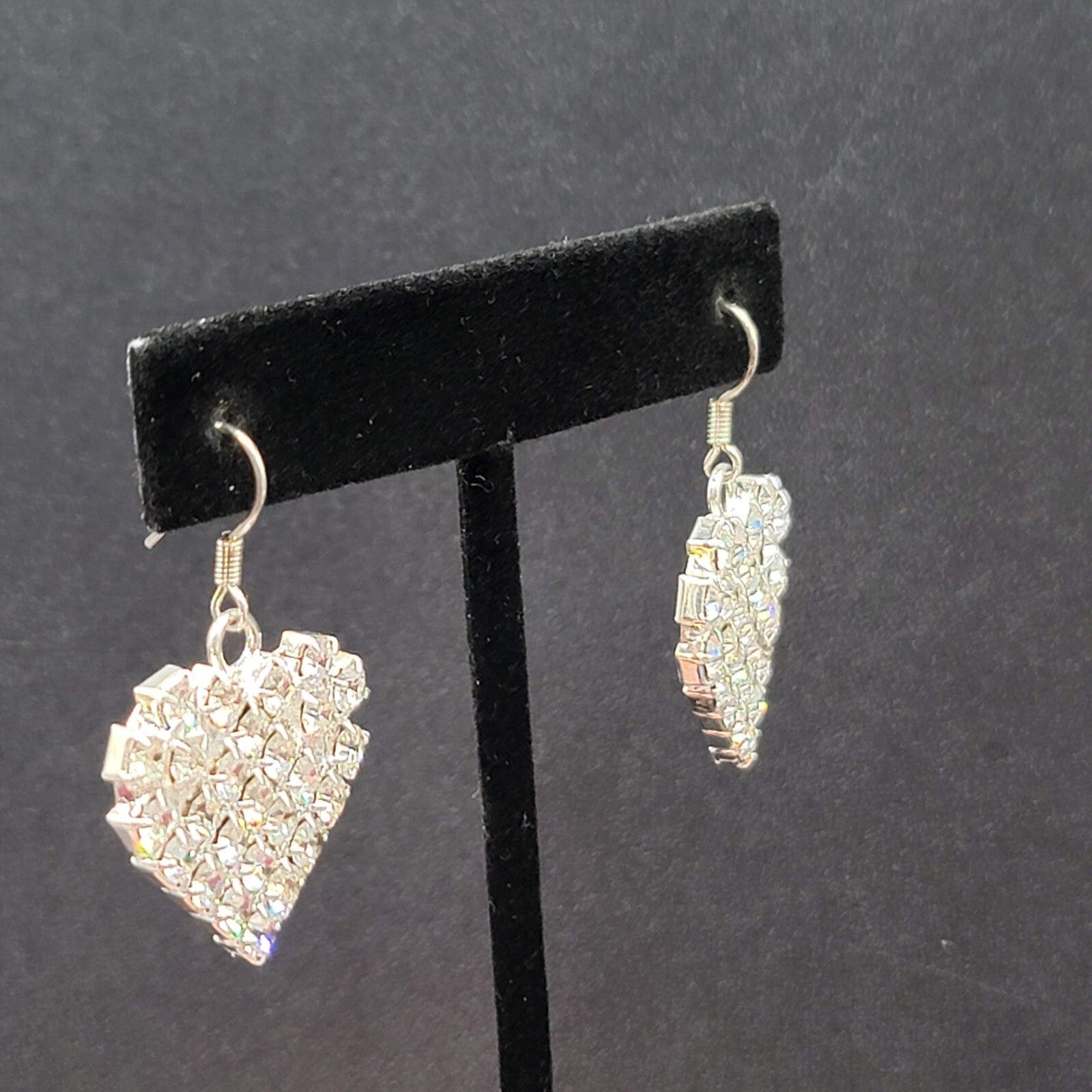 Vintage Pierced Earrings Silver tone Rhinestone Studded Dangle Heart 1"
