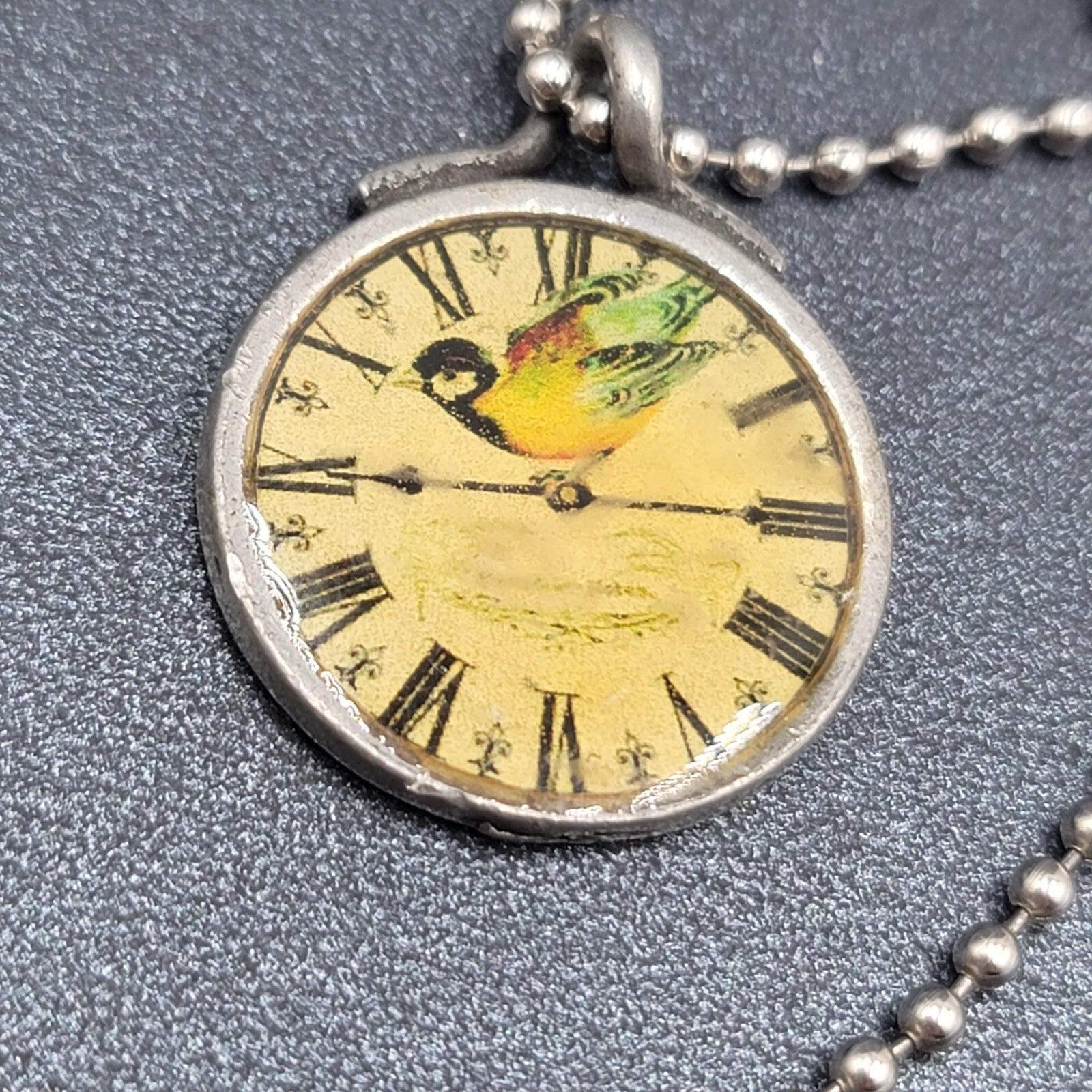 Necklace Signed Isabella Silver tone Bird Clock Pendant Ball Chain 18"