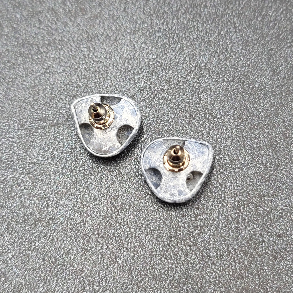 Vintage Pierced Earrings Blue Gray Enamel Splatter Heart Studs 1/2"