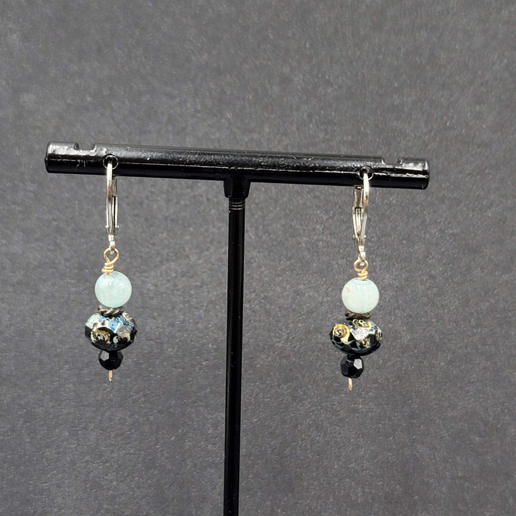 Pierced Earrings Silver tone Blue Stone Bead Dangle 3/4"