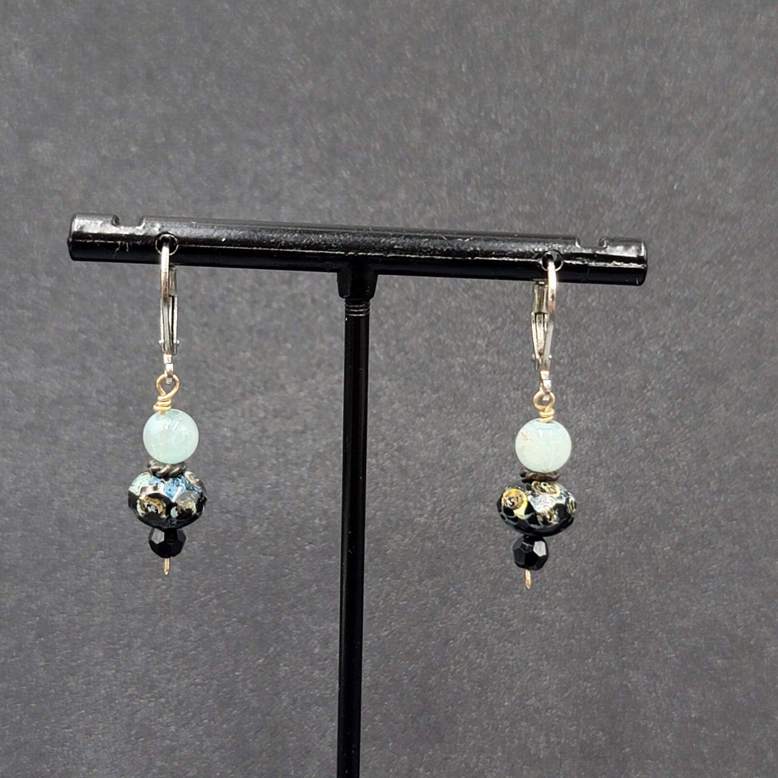 Pierced Earrings Silver tone Blue Stone Bead Dangle 3/4"