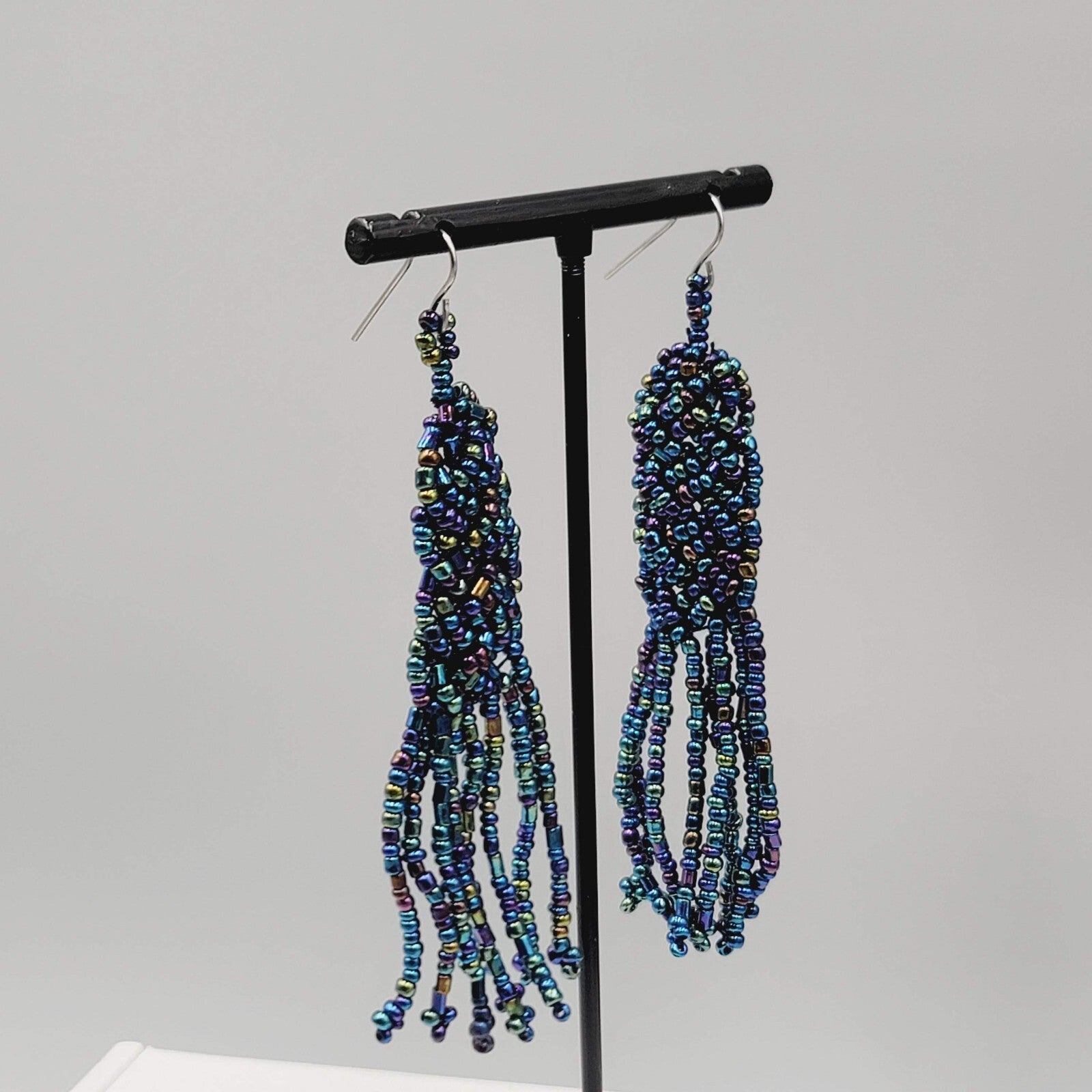 Pierced Earrings AB Black Seed Bead Long Dangle 3"