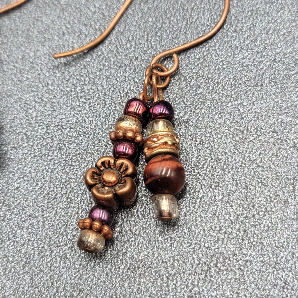 Pierced Earrings Copper tone Red Bead Dangle Flower  1.25"