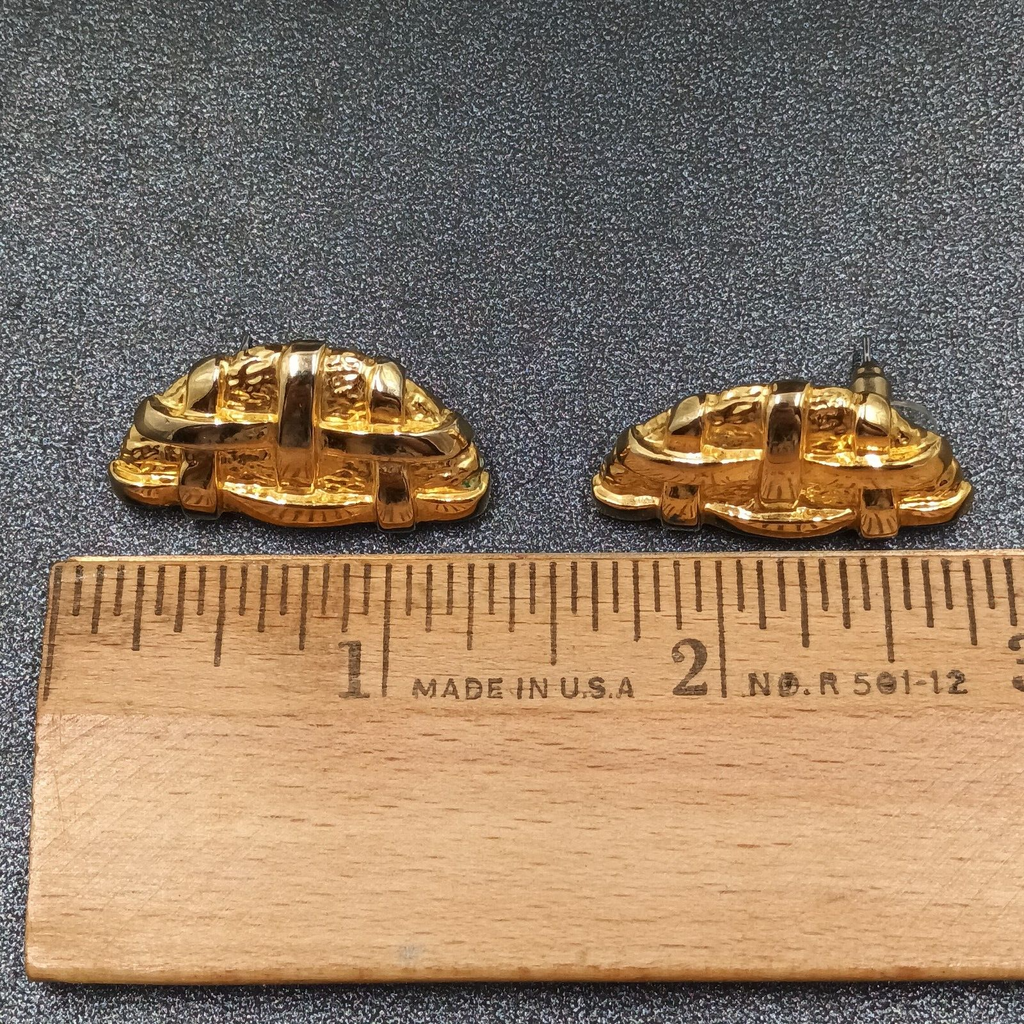Vintage Pierced Earrings Gold Plate Lattice Textured Half Circle Drop 1 1/8"