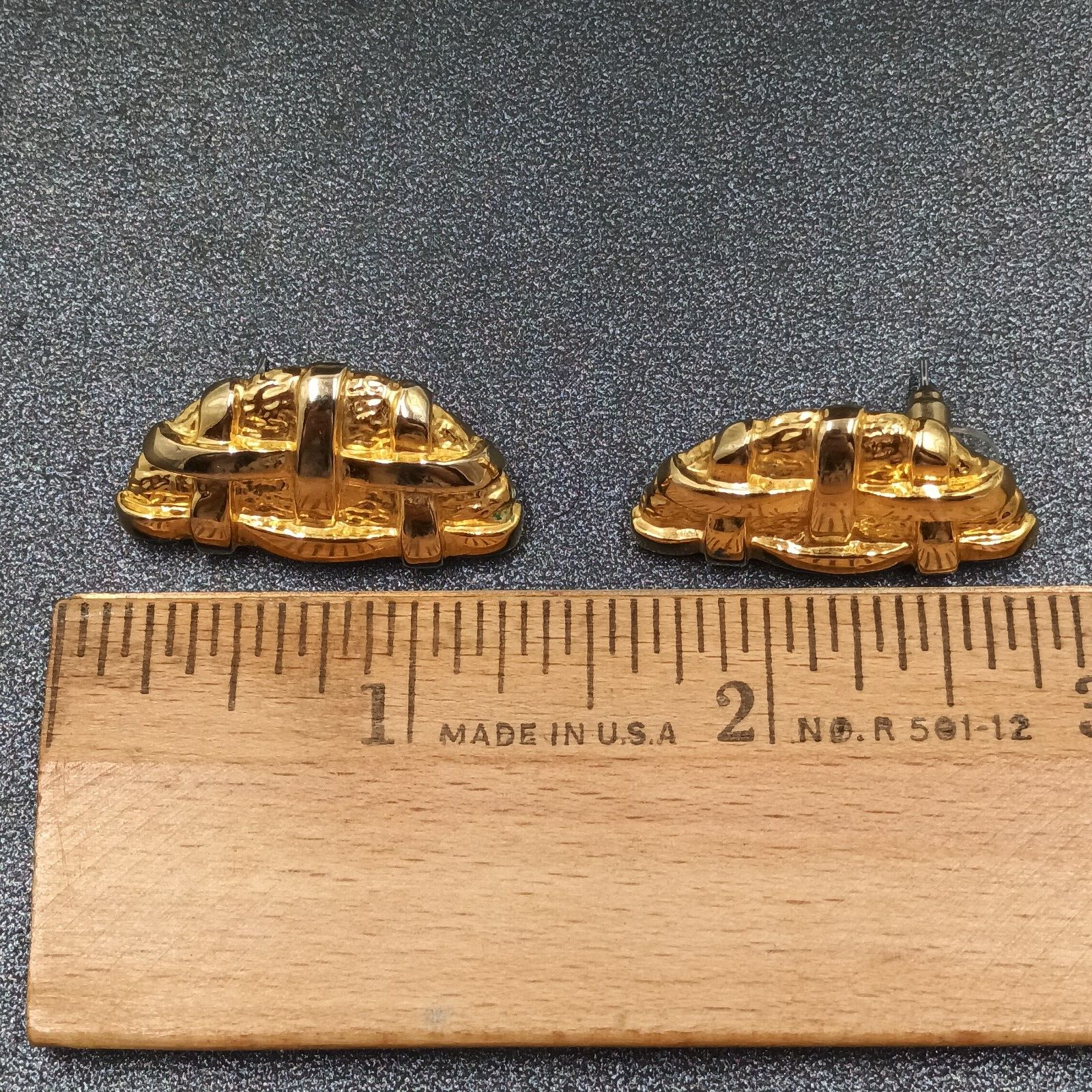 Vintage Pierced Earrings Gold Plate Lattice Textured Half Circle Drop 1 1/8"