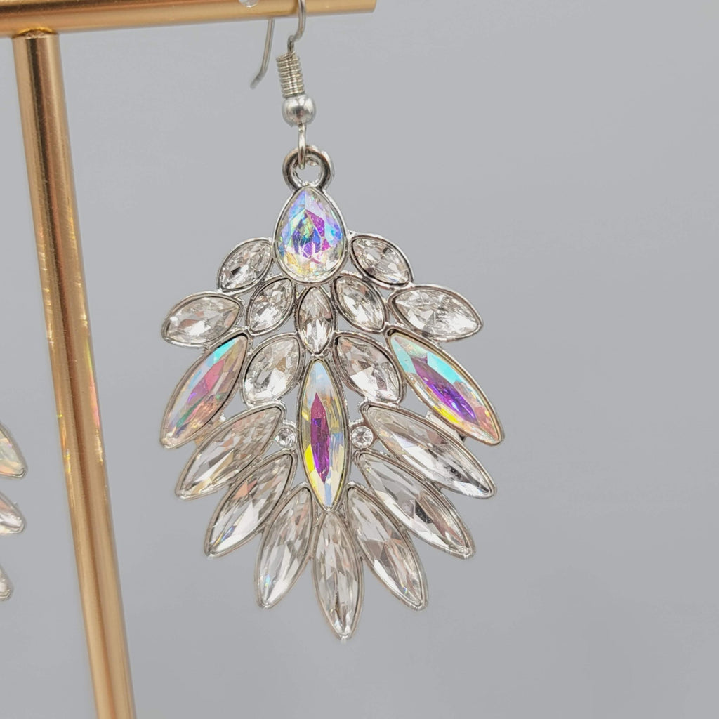 Statement Pierced Earrings Silver tone AB Rhinestones Dangle 2"
