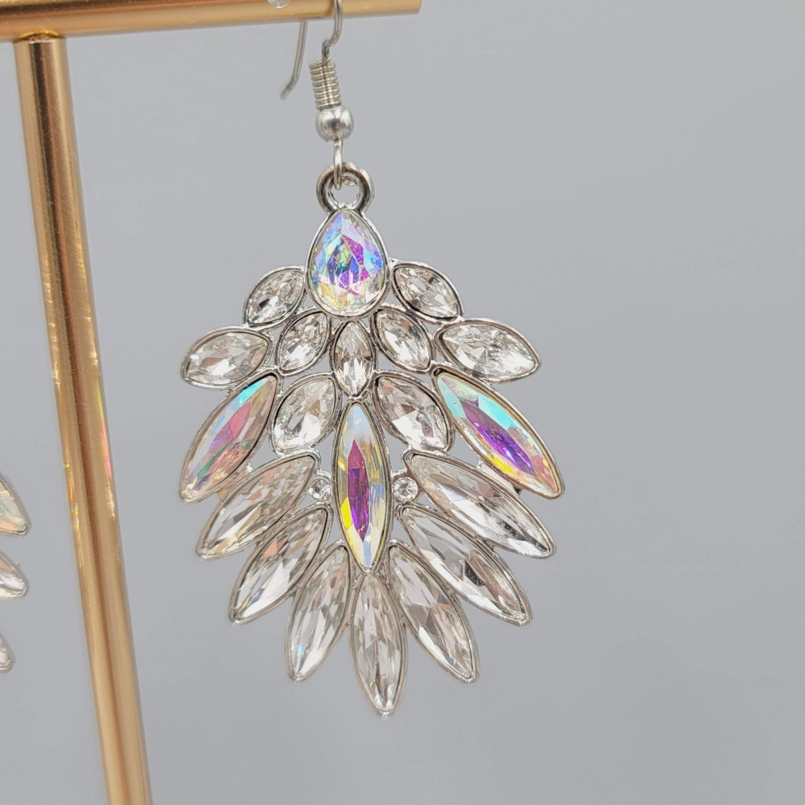 Statement Pierced Earrings Silver tone AB Rhinestones Dangle 2"