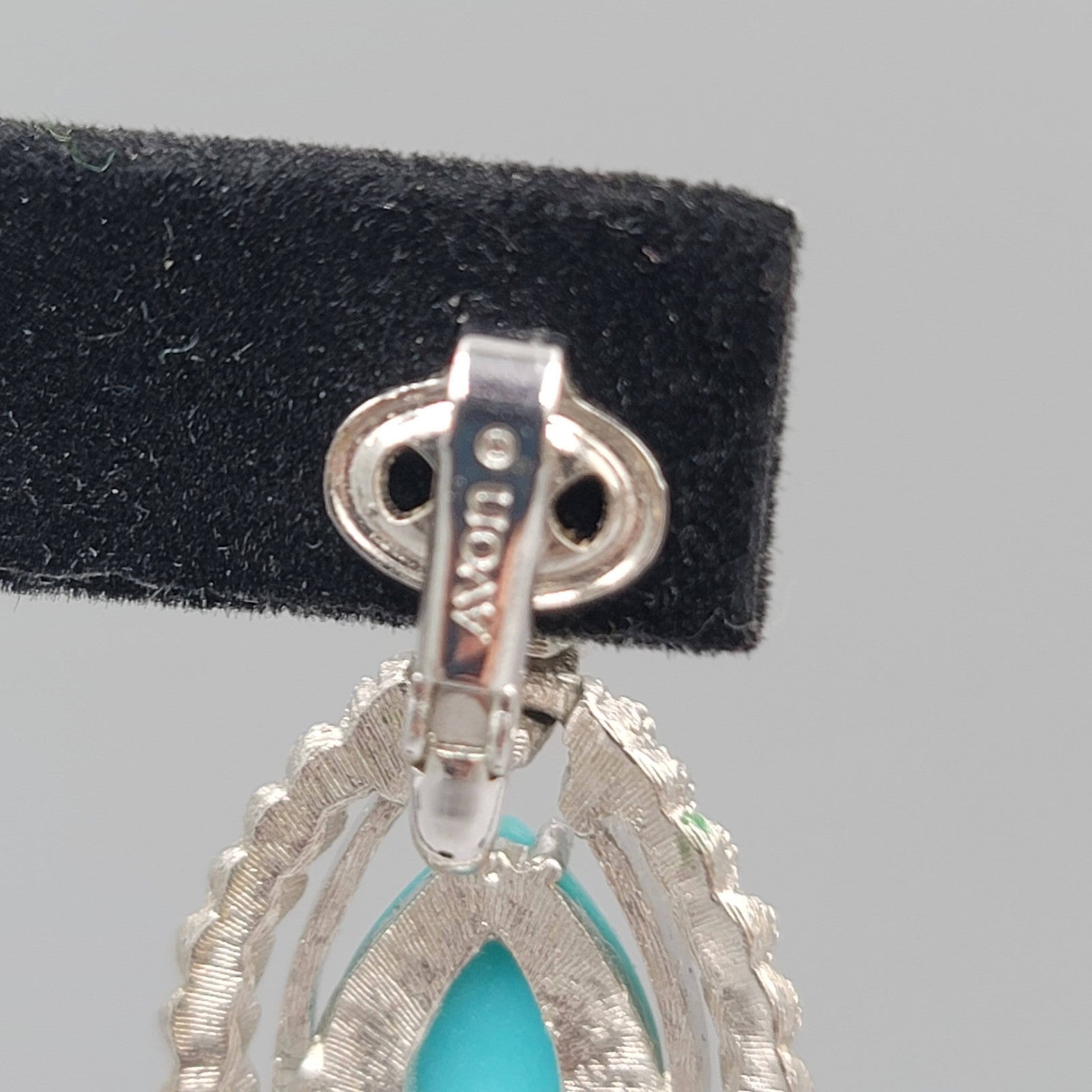 Vintage Avon Clip on Earrings Textured Silver tone Blue Teardrop Dangle 1.5 in
