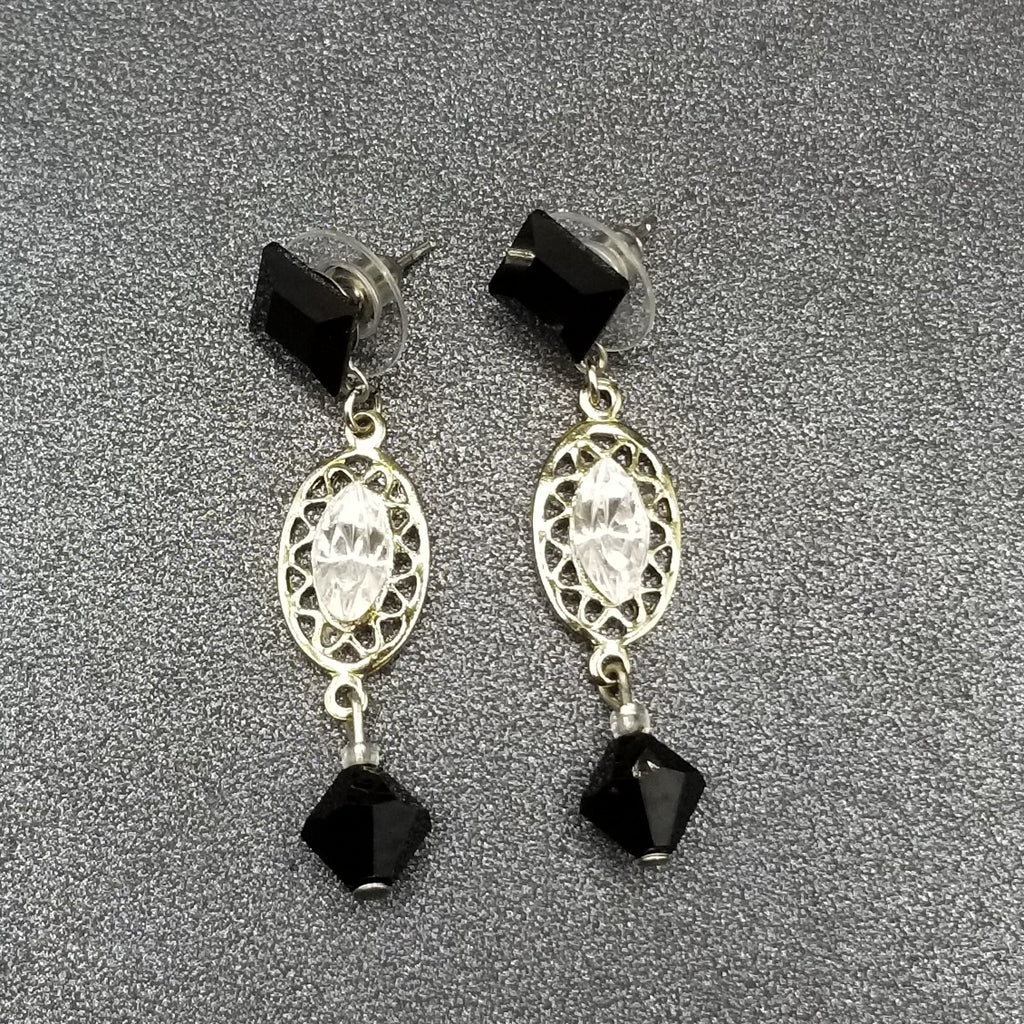 Pierced Earrings Silver tone Open Work Black Clear Faceted Crystal Dangle 1 3/4"