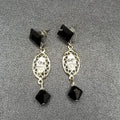 Pierced Earrings Silver tone Open Work Black Clear Faceted Crystal Dangle 1 3/4"