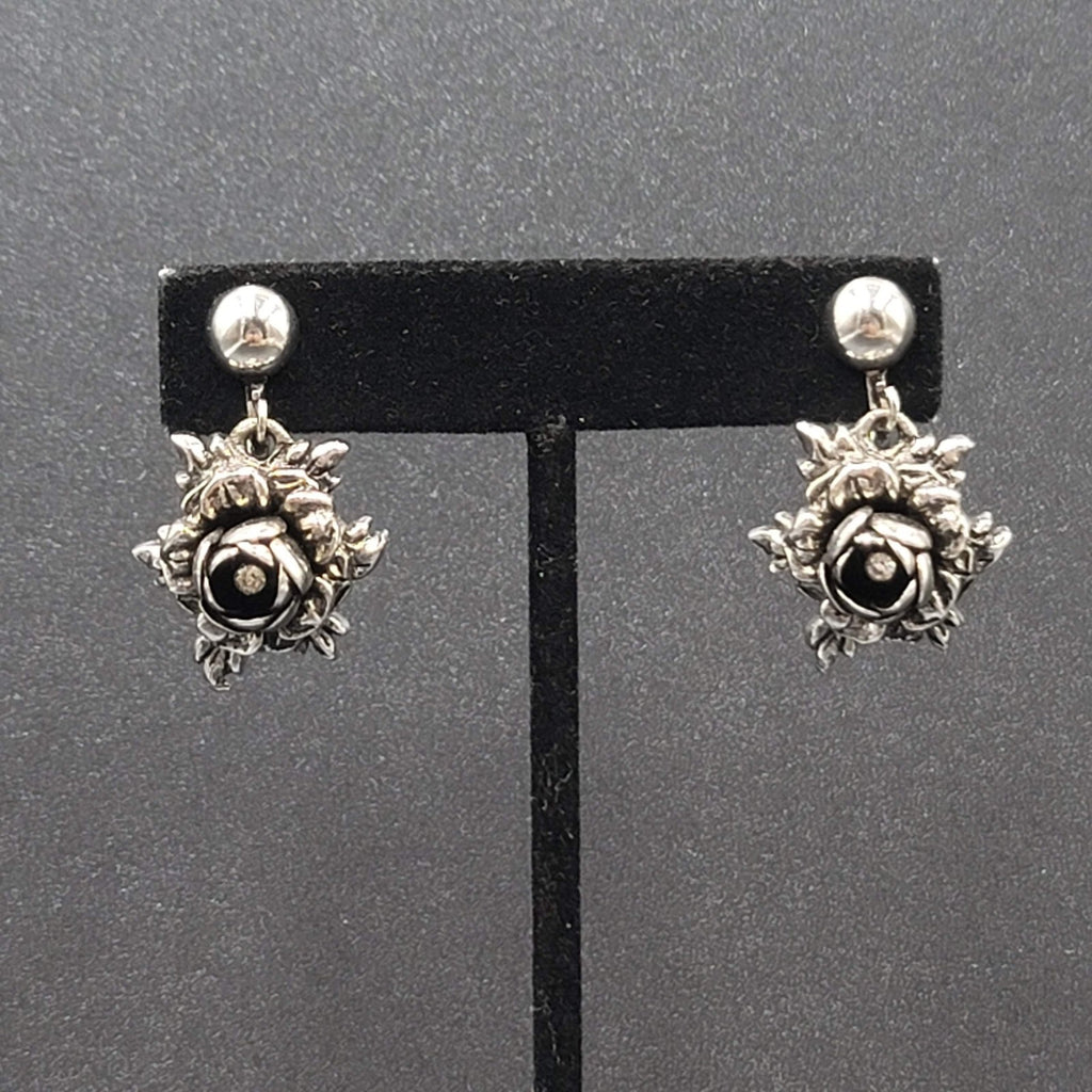 Vintage Clip on Earrings Silver tone 3D Flower Rhinestone Dangle 1"