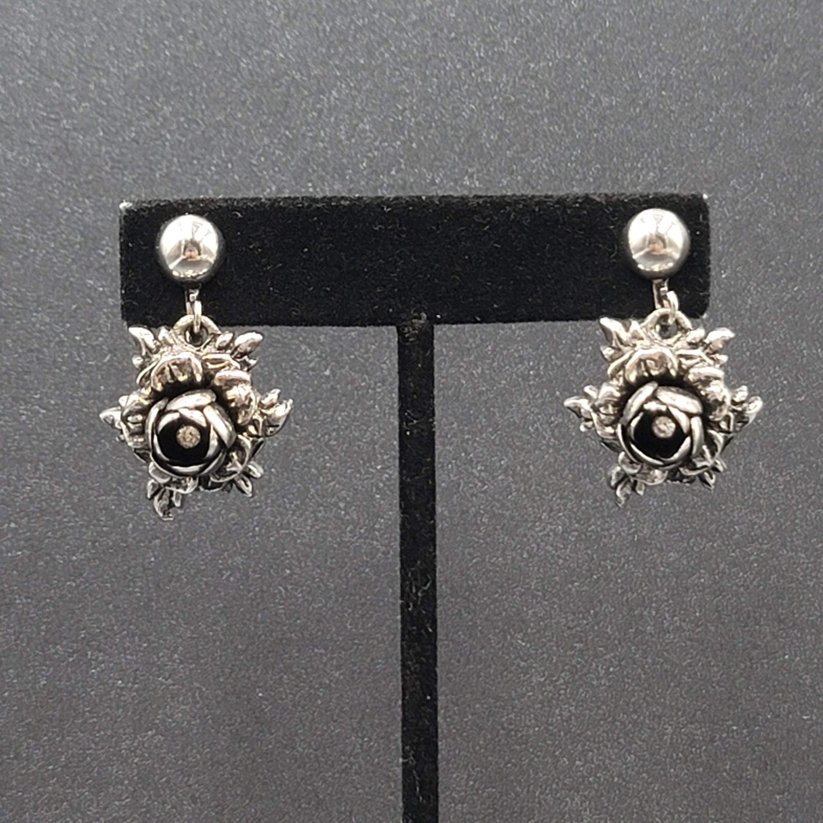 Vintage Clip on Earrings Silver tone 3D Flower Rhinestone Dangle 1"