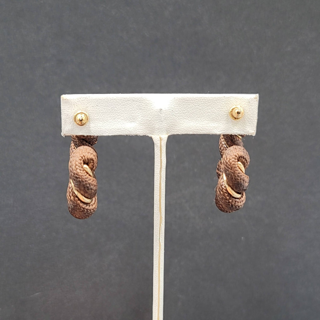 Pierced Earrings Gold tone Brown Fabric Wrapped Drop Hoops 1.5"