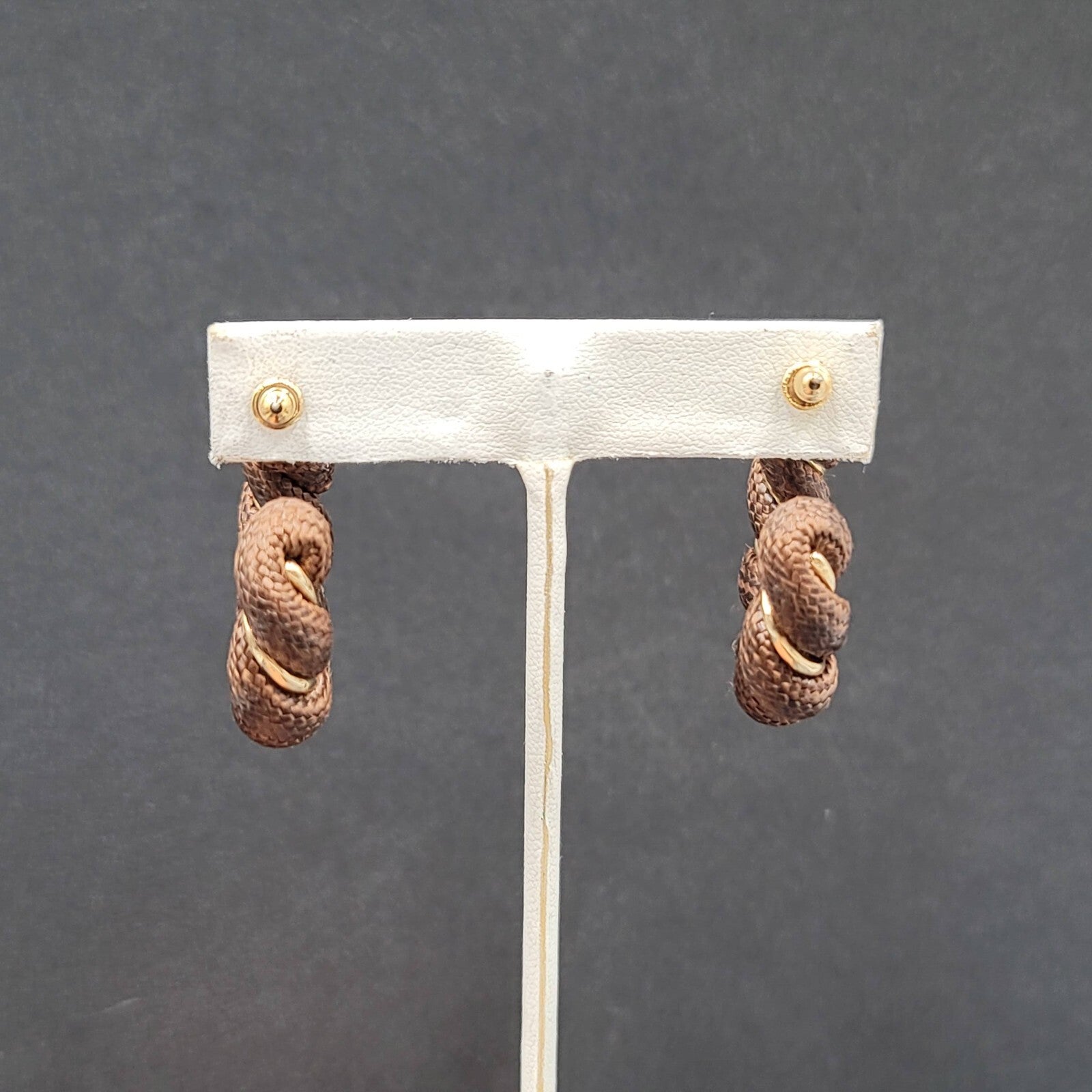 Pierced Earrings Gold tone Brown Fabric Wrapped Drop Hoops 1.5"