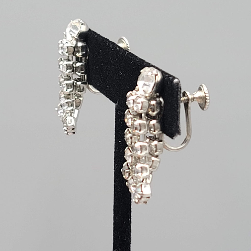 Vintage Rhinestone Clip on Earrings Silver tone Wrapped Dangle Screw Back 1 1/8"