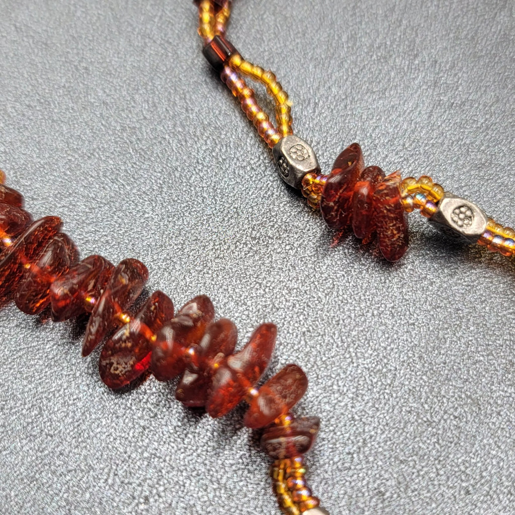 Amber and Glass Beaded Pendant Necklace Boho 18"