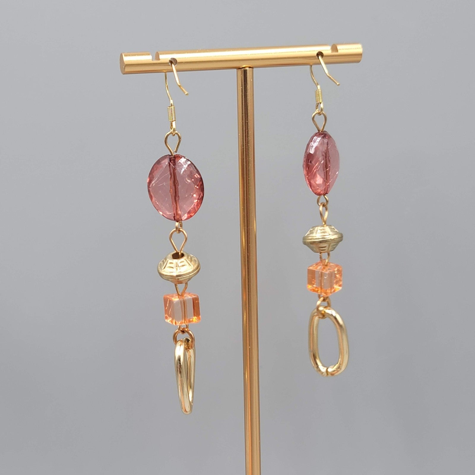 Beaded Purple Orange Pierced Earrings Gold tone Dangle Long 2.75 in