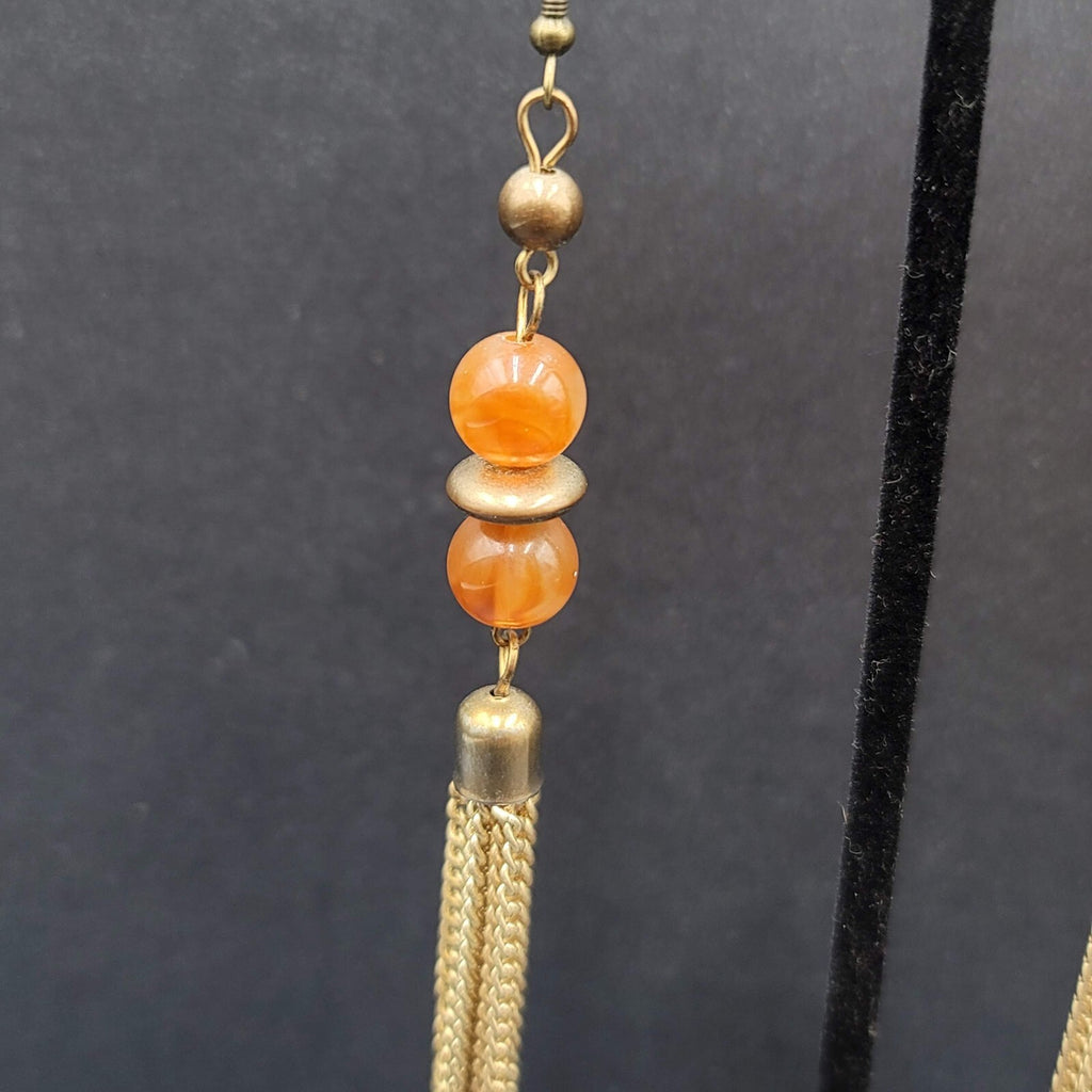 Pierced Earrings Gold tone Multi Chain Orange Bead Extra Long Dangle 4"