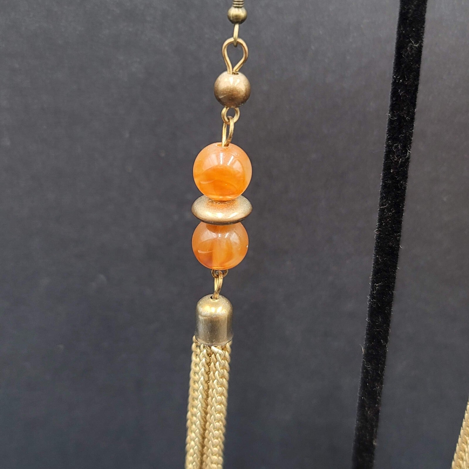 Pierced Earrings Gold tone Multi Chain Orange Bead Extra Long Dangle 4"