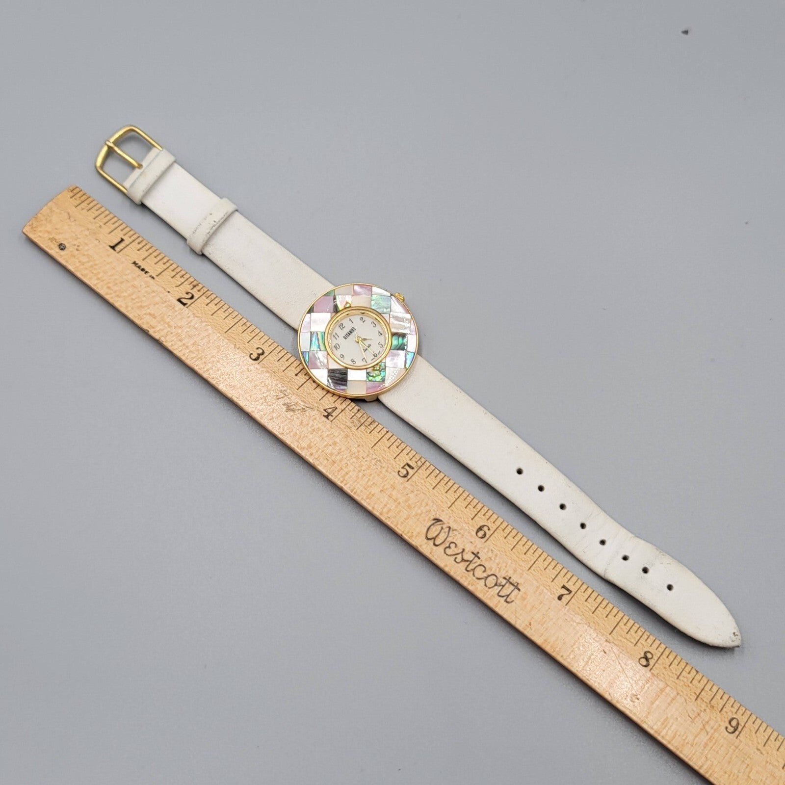 Vintage Gitano Watch Women Gold Tone MOP Mosaic Bezel NEEDS BATTERY