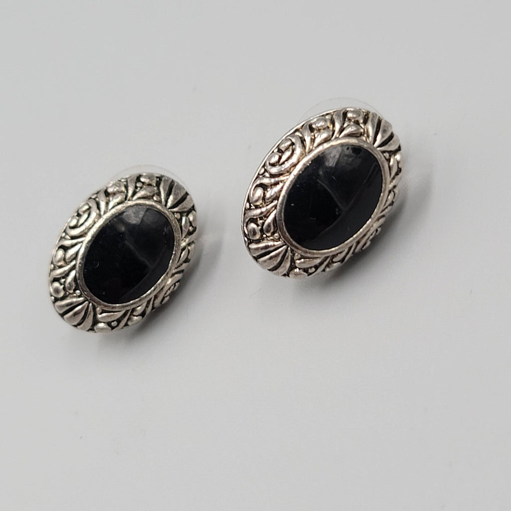 Pierced Earrings Silver tone Embossed Black Enamel Oval Drop 3/4"