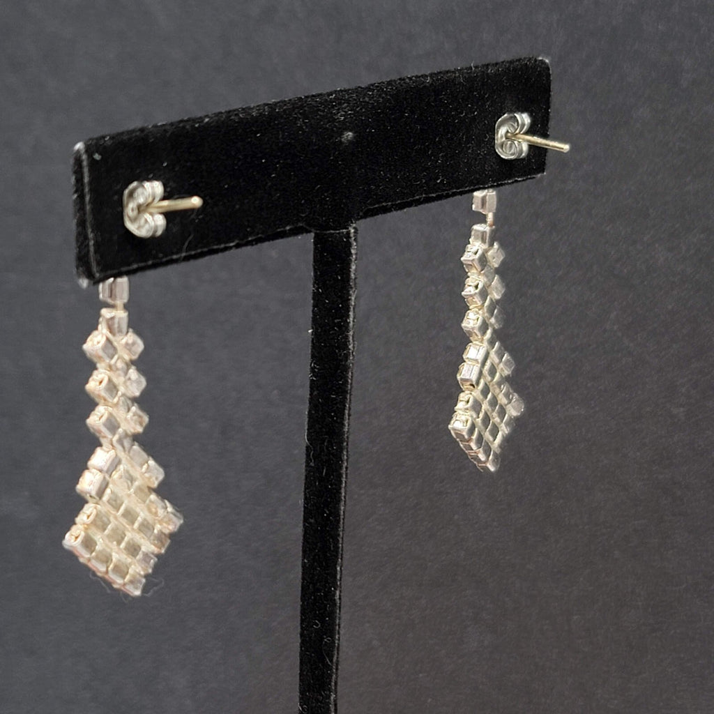 Vintage Pierced Earrings Silver tone Graduated Rhinestone Dangle 1.5"