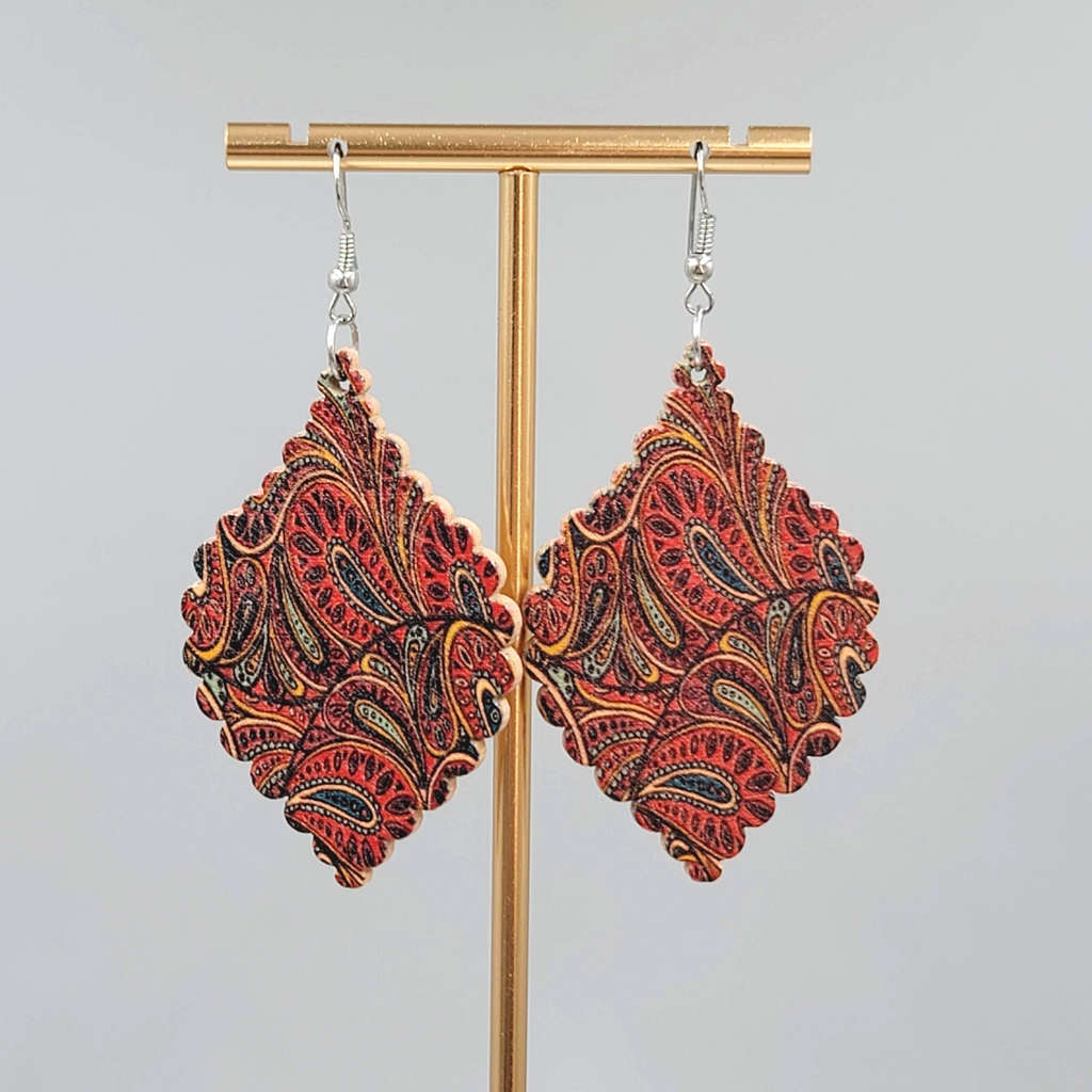 Wood Pierced Earrings Paisley Dangle 2.25"